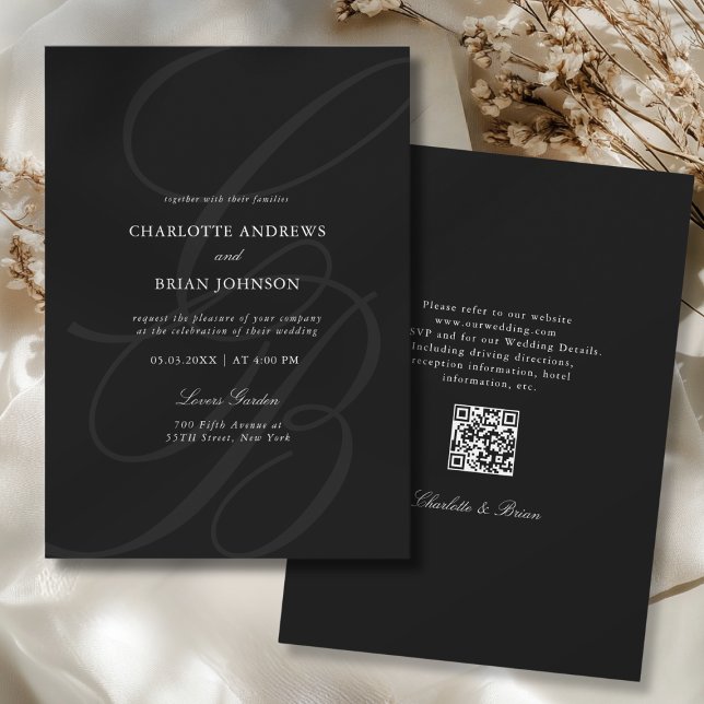 Invitation Minimalist Script Font Monogram QR Code Wedding (Minimalist Script Font Monogram QR Code Black White Gray Wedding Invitation)