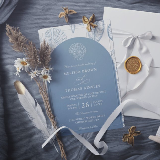 Invitation Minimalist Sea Shells Beach Budget QR Code Wedding (Créateur téléchargé)