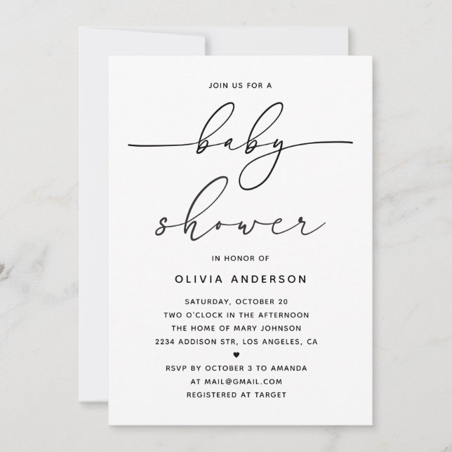 Invitation Minimalist Simple Baby Shower. Modern Clean Script (Devant)