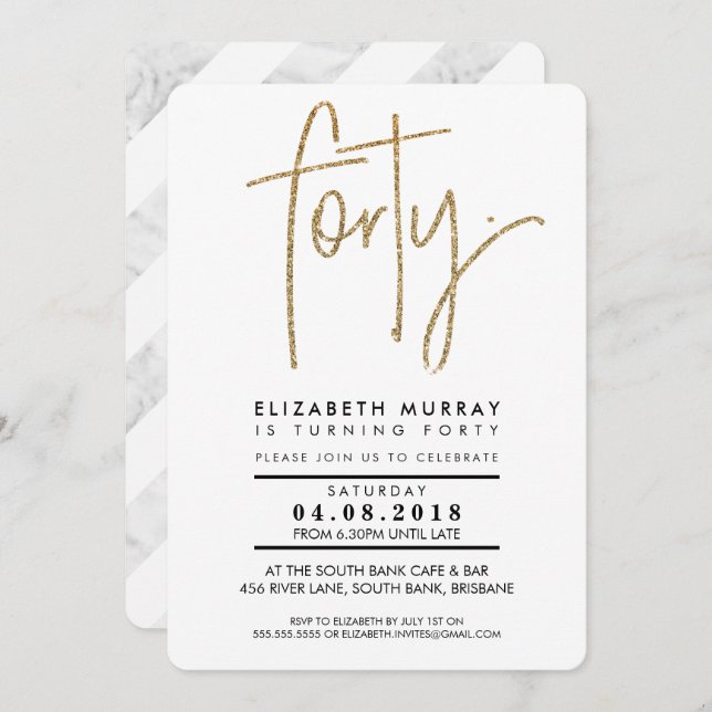 Invitation MINIMALIST simple parties scintillant or 40e QUARA (Devant / Derrière)