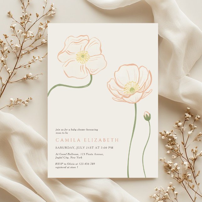 Invitation Minimalist Soft Peach Poppy Wildflower Baby Shower (Créateur téléchargé)