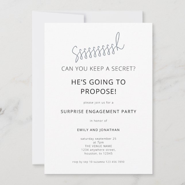 Invitation Minimalist Surprise Black White Engagement Party (Devant)