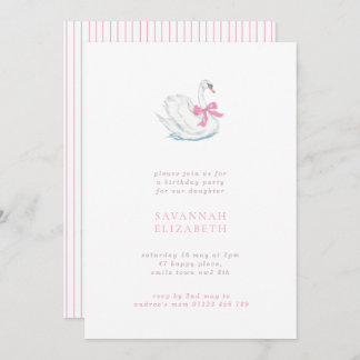 Invitation Minimalist Swan and Pink Bow Girls Birthday Party
