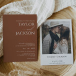 Invitation Minimalist Terracotta Italic Calligraphy Wedding<br><div class="desc">Minimalist Terracotta Italic Calligraphy Wedding Invitation

Simple,  modern and  minimalist in style,  terracotta colored wedding invitation with a modern italic calligraphy word between the couples names. The back of the invitation features a photograph of the couple and a few more details.</div>