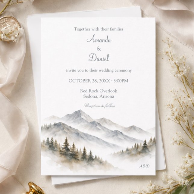 Invitation Minimalist Watercolor Mountain Wedding Pine Tree (Créateur téléchargé)