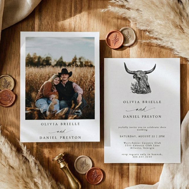Invitation Minimalist Western Cow Skull Rustic Photo Wedding (Créateur téléchargé)