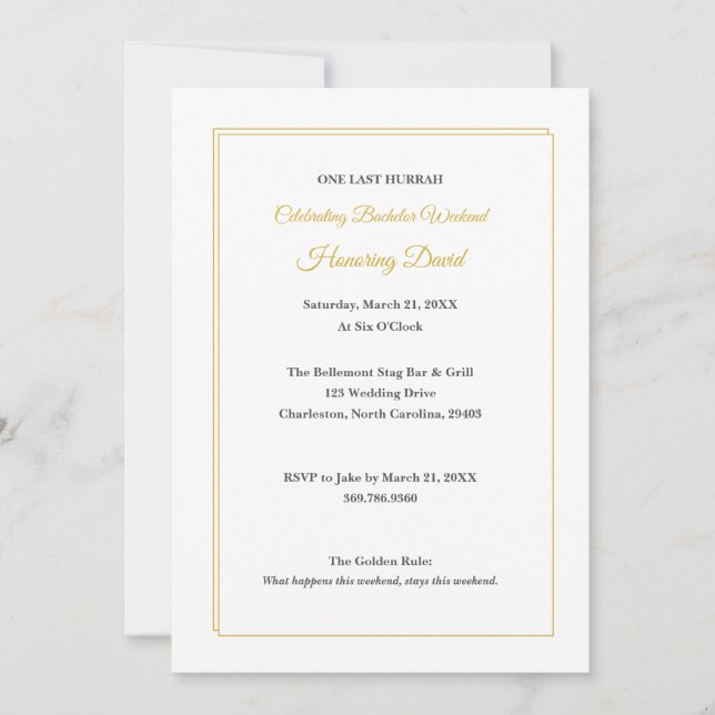 Invitation Minimalist White and Gold Bachelor Weekend (Devant)