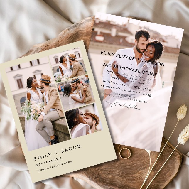 Invitation Minimaliste 5 Photo Champagne Beige Mariage élégan (Créateur téléchargé)