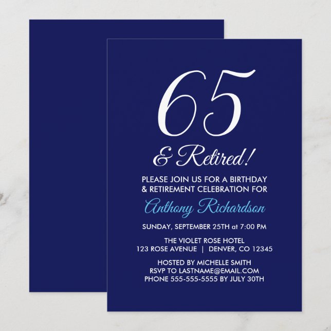 Invitation Minimaliste 65 ans et à la retraite Retraite Viole (Devant / Derrière)