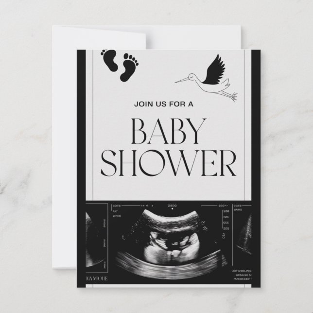 Invitation minimaliste au Baby shower noir et blan (Devant)