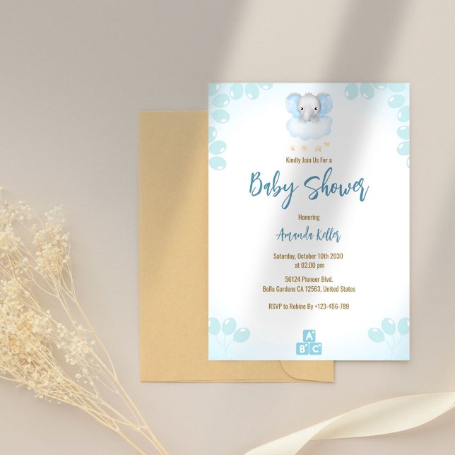 Invitation minimaliste Baby shower bébé éléphant (Créateur téléchargé)