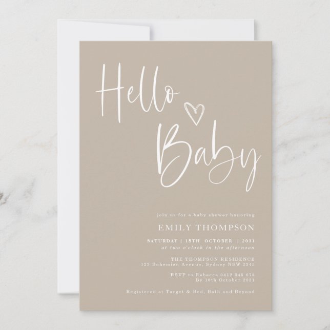 Invitation minimaliste Baby shower blanc beige (Devant)