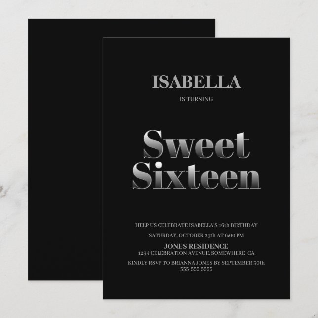 Invitation Minimaliste Black and Silver Sweet 16 Anniversaire (Devant / Derrière)