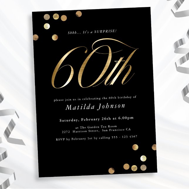 Invitation Minimaliste Black Gold Surprise 60e fête d'anniver (Mockup View)