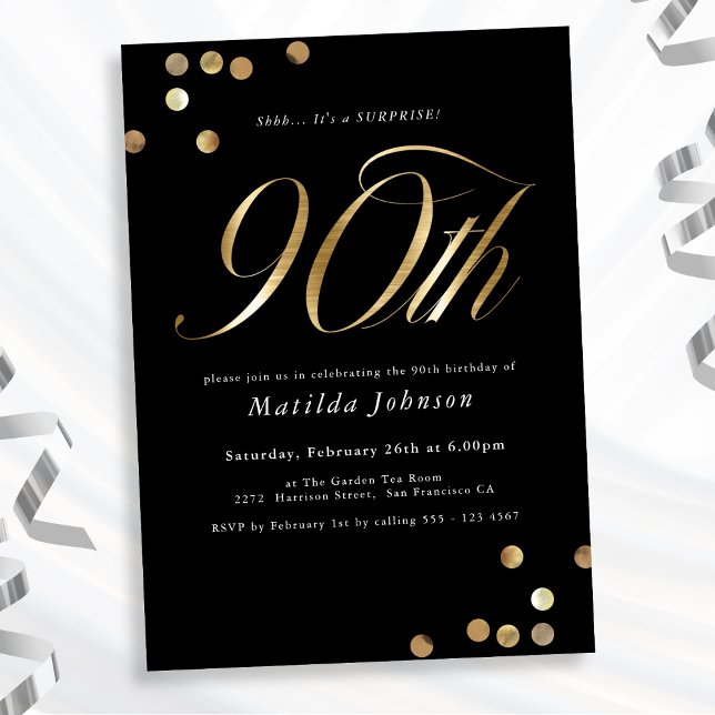 Invitation Minimaliste Black Gold Surprise 90e fête d'anniver (Mockup View)