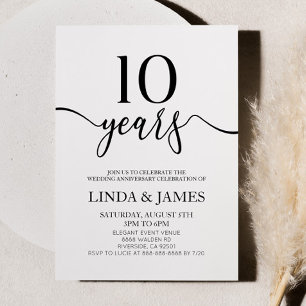 Invitation Minimaliste Blanc Noir 10e Anniversaire de Mariage