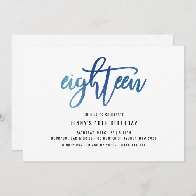 Invitation Minimaliste Blue Foil 18e anniversaire (Devant / Derrière)