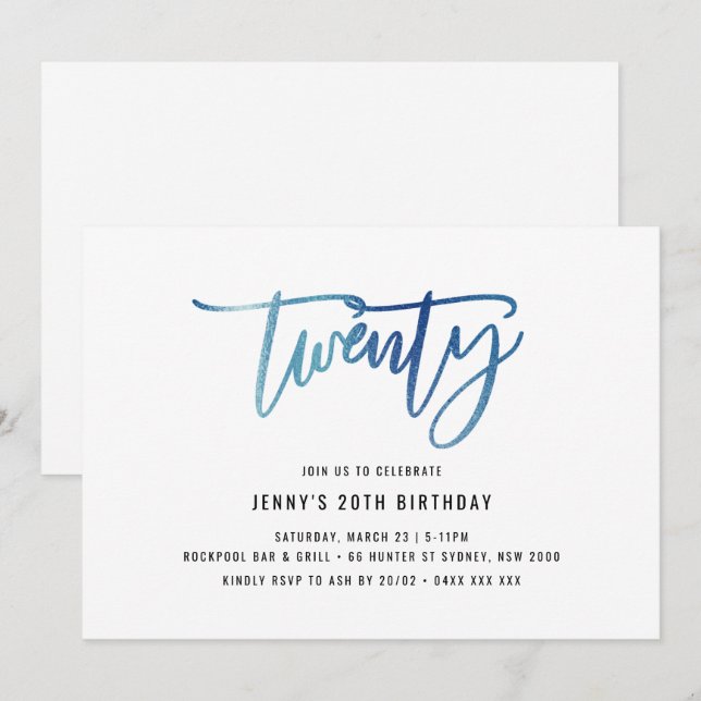 Invitation Minimaliste Blue Foil 20e anniversaire (Devant / Derrière)