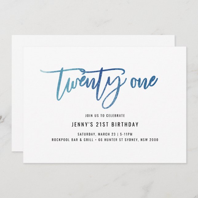 Invitation Minimaliste Blue Foil 21e anniversaire (Devant / Derrière)