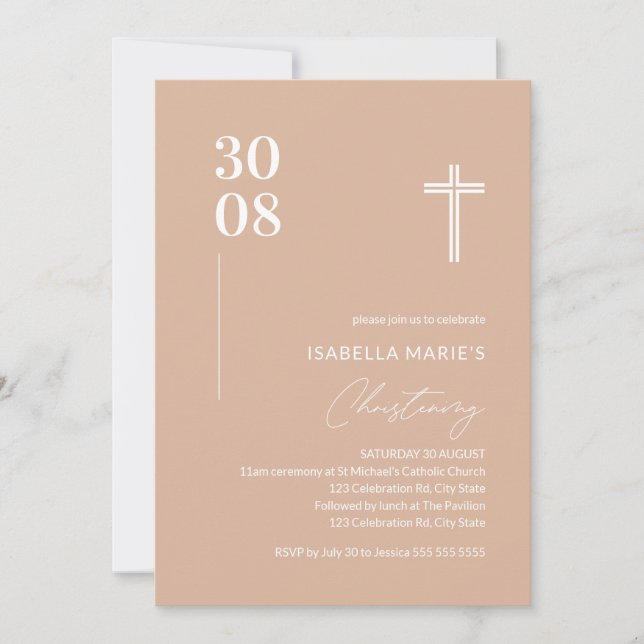 Invitation Minimaliste Blush rose moderne Christening fille (Devant)