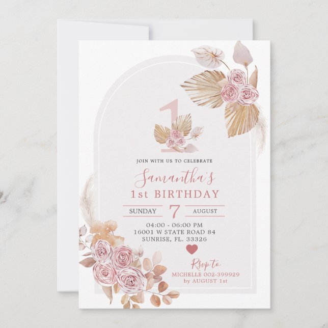 Invitation minimaliste Boho Pink Arch 1er annivers (Devant)