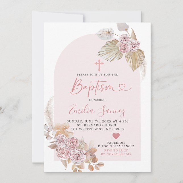 Invitation minimaliste Boho rose florale Baptême (Devant)