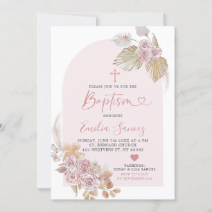 Invitation minimaliste Boho rose florale Baptême