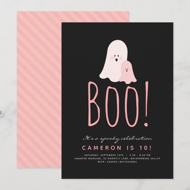 Invitation minimaliste Boo Cute Ghost Halloween (Devant / Derrière)