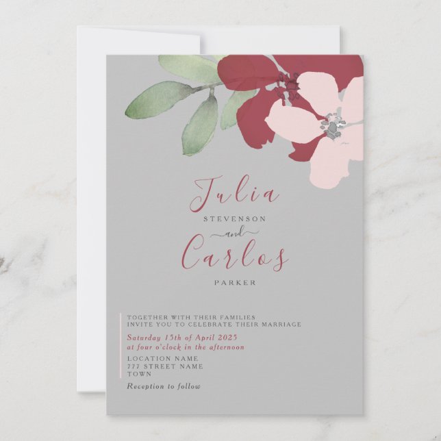 Invitation Minimaliste Bourgogne Florale Mariage (Devant)