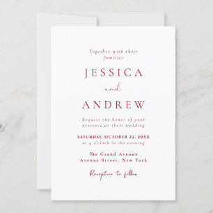 Invitation Minimaliste Bourgogne Rouge & Blanc Simple Mariage