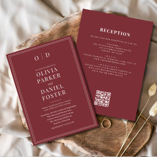 Invitation Minimaliste Bourgogne tout en un Mariage de code Q