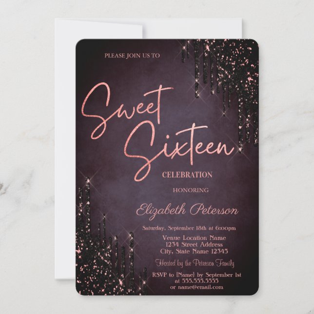 Invitation Minimaliste Burgundy Pailleté Dégoulinant Sweet 16 (Devant)