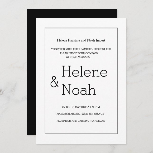 Invitation minimaliste chic moderne noir blanc simple mariage (Devant / Derrière)