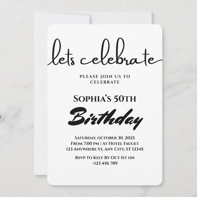 Invitation minimaliste d'anniversaire noir et blan (Devant)