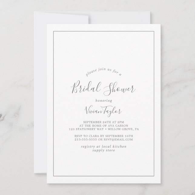 Invitation minimaliste de douche nuptiale en argen (Devant)