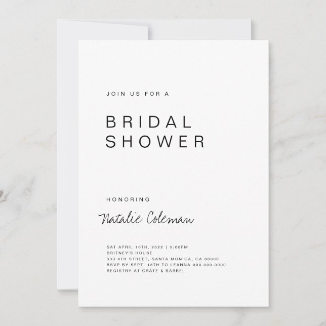 Invitation Minimaliste De Douche Nuptiale, Simple  (Devant)
