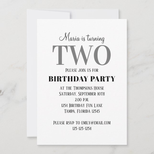 Invitation Minimaliste deuxième anniversaire Modèle neutre (Devant)