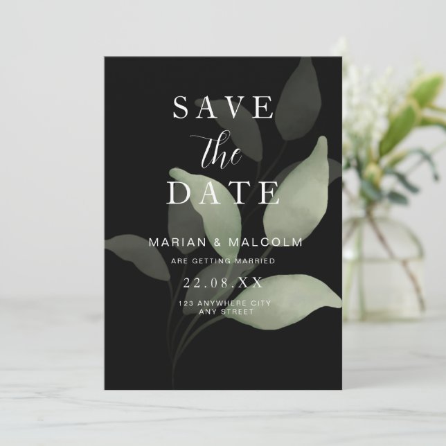 Invitation Minimaliste Économie Date Feuillage Eucalyptus (Debout devant)