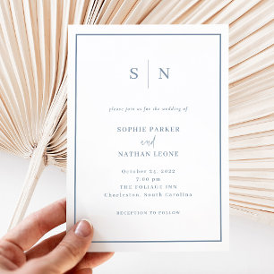 Invitation Minimaliste et Chic Mariage Blanc et Bleu Poussi