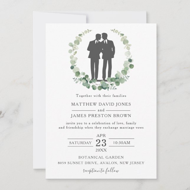 Invitation Minimaliste Eucalyptus Greenery Gay Mariage M & M. (Devant)
