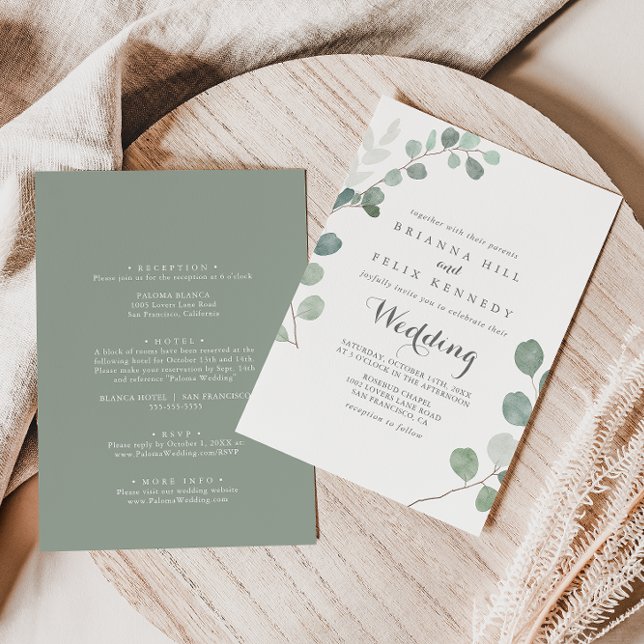 Invitation Minimaliste Eucalyptus Vert Mariage avant et arriè (Créateur téléchargé)