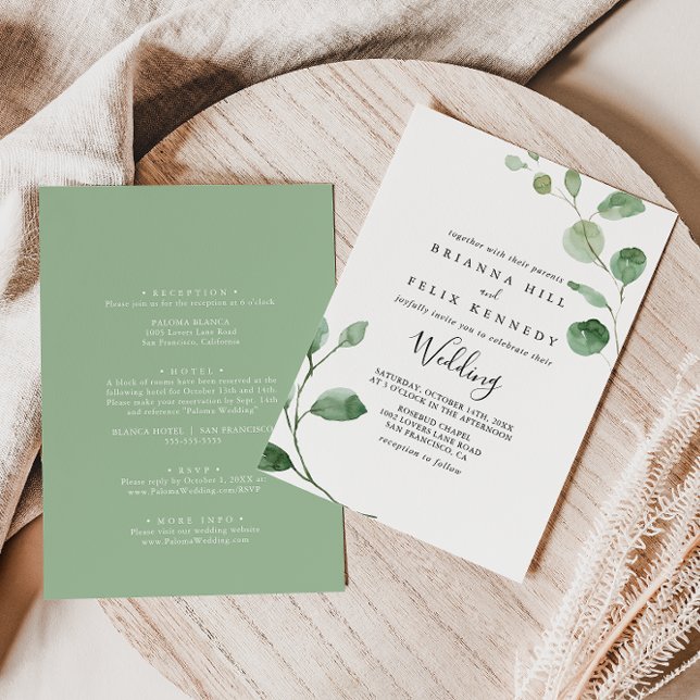 Invitation Minimaliste Eucalyptus Vert Mariage avant et arriè (Créateur téléchargé)