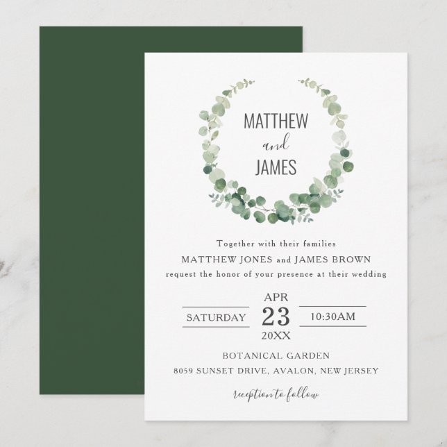 Invitation Minimaliste Eucalyptus Vert Mariage gay  (Devant / Derrière)