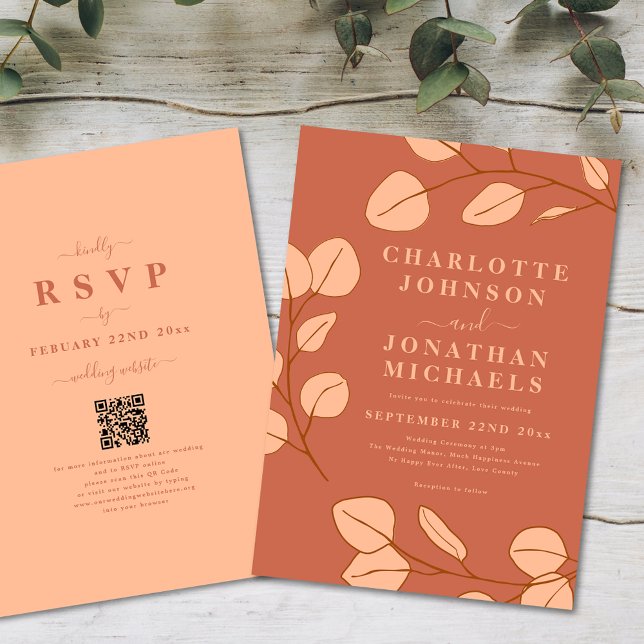 Invitation Minimaliste Feuilles Terracotta Mariage d'Automne (Modern minimalist leaves peach fuzz wedding invitation with online rsvp qr code)