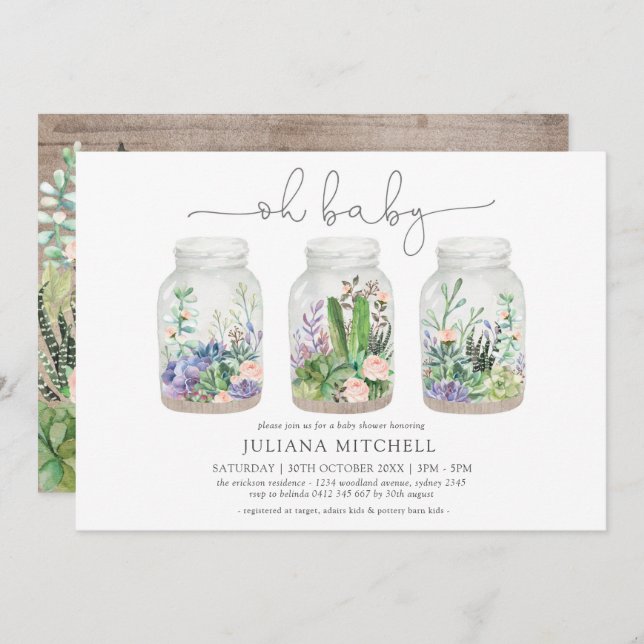 Invitation Minimaliste Fiesta Terrarium Baby shower Succulent (Devant / Derrière)
