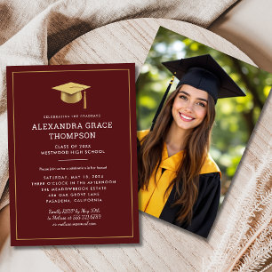 Invitation Minimaliste Gold Burgundy Photo Moderne Graduation