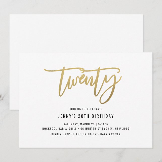 Invitation minimaliste Gold Foil 20e anniversaire (Devant / Derrière)