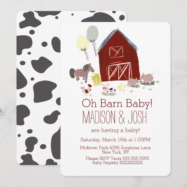 Invitation Minimaliste Grange Animaux Ferme Baby shower Art (Devant / Derrière)