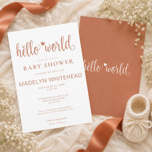 Invitation Minimaliste Hello World Baby Shower Terracotta