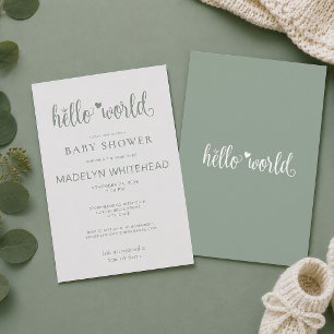 Invitation Minimaliste Hello World Baby Shower Vert Sauge